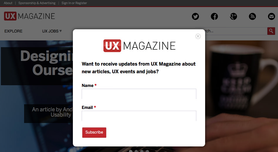 Screen capture of UX Magazine website, showing irritating dialog over the content